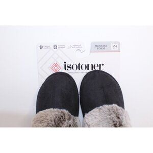 isotoner Memory Foam Slippers M 6.5-7 Cushioned Black Gray Faux Fur Lined NIB